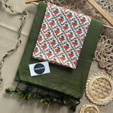 Mehndi Handloom Khadi Cotton Saree With White Colour Print Blouse